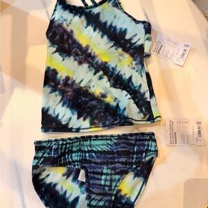 Brand New! Athleta Girls Blue and Yellow Tie-Dye Kids Tankini - reversable